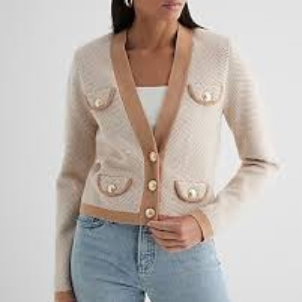 NWT $148 EXPRESS BEIGE CHEVRON NOVELTY BUTTON SWEATER JACKET CARDIGAN BLAZER SML
